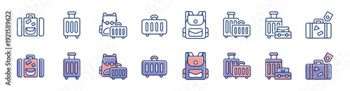 Collection of suitcase travel bag icon line set baggage and luggage backpack valise packing trip signs vector illustration