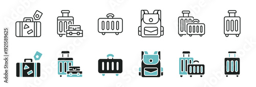 Suitcase baggage travel bag icon line set. Trip journey backpack briefcase, luggage, weight carry valise signs vector illustration