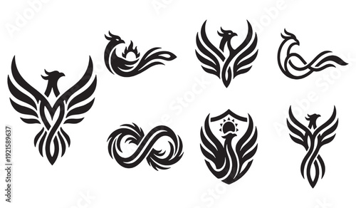 Collection of stylized phoenix bird logos and symbols, representing rebirth and power.