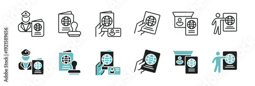 Hand holding international passport document icon line set. Immigration visa country pass personal identification, global travel, border security, flight trip signs vector illustration