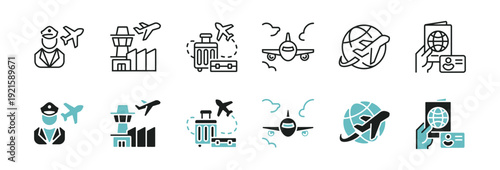 Global transport airplane flight icon line set. Airport plane international travel flight, passport, pilot, departure, arrival, suitcase, baggage, boarding, aviation signs vector illustration