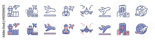 International travel airport airplane flight icon line set. Global transportation immigration aviation, pilot, trip, visa, boarding, suitcase, passport, departure, arrival signs vector illustration