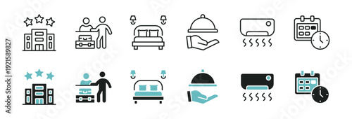 Hotel service facility icon line set business vacation resort hospitality room guest, accommodation, apartment, room booking schedule signs vector illustration