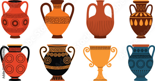 A flat, minimalist illustration of eight ancient Greek ceramic vessels arranged in two rows of four.