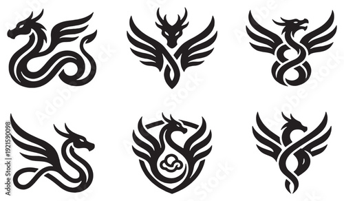 Collection of stylized dragon illustrations in black and white, perfect for logos and graphic design elements.