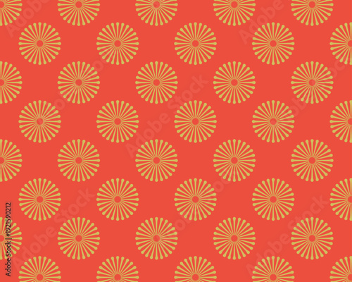 シームレスな和風の菊紋模様背景、赤と金の伝統的な色彩、年賀状や和風デザイン、お祝い、花火のような幾何学パターン、テキスタイル、ウェブ背景、ラッピングペーパー、グラフィックデザイン用のモダンな装飾素材