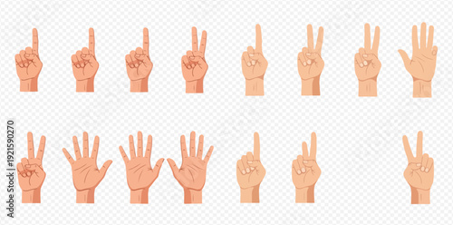 A collection of illustrated human hand gestures for counting numbers one through five on a transparent background.