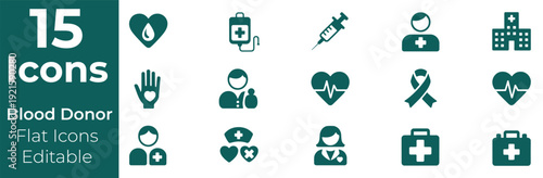Set of 15 flat icons for blood donation and medical care, representing donation, health, and healthcare professionals.