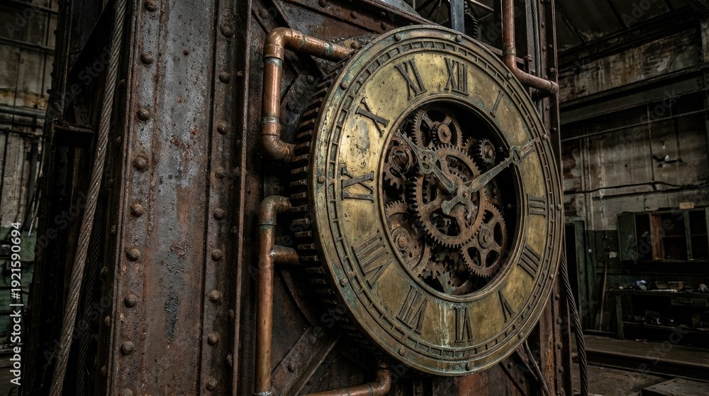 Obraz premium Spiral of ancient clocks in fiery time vortex concept. Close-up of an intricate vintage clock in an industrial setting.