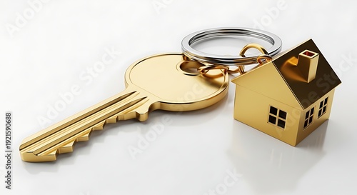 Golden house key on a keychain with a house shaped charm on white background