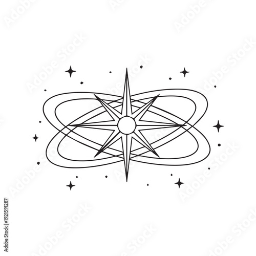 Vintage retro starburst sparkle symbol with atomic orbital rings line art tattoo design
