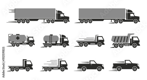 Collection of Various Black and White Transport Trucks on Isolated White Background