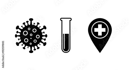 Set of Medical Icons Depicting Virus, Test Tube, and Hospital Location on Isolated White Background