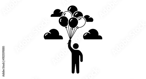 Person Holding a Bunch of Balloons with Clouds on Isolated White Background