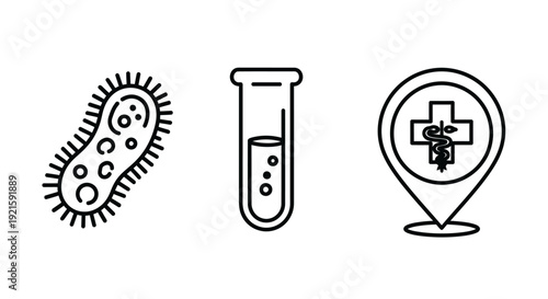 Medical and health icons set, including bacteria, test tube, and medical cross location pin, representing science and healthcare services, isolated white background.