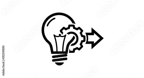 Light bulb with internal gear and an arrow, symbolizing innovative ideas, problem-solving, and continuous progress, isolated white background.