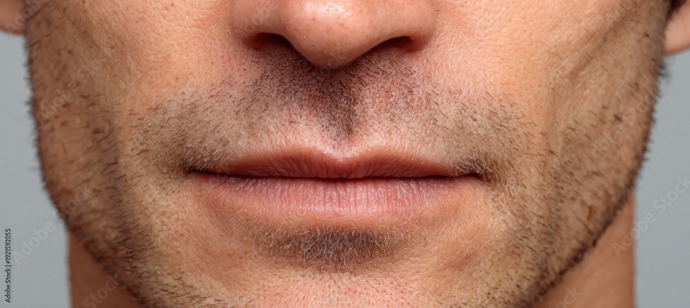 Fototapeta premium Close-up of male facial features with stubble and neutral expression against gray background