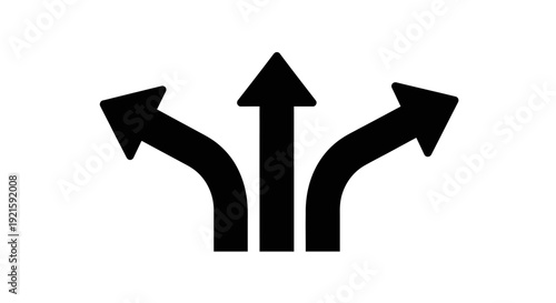 Three Diverging Arrows Pointing Left, Straight, and Right, Symbolizing Choice, Decision, or Different Paths, isolated white background.
