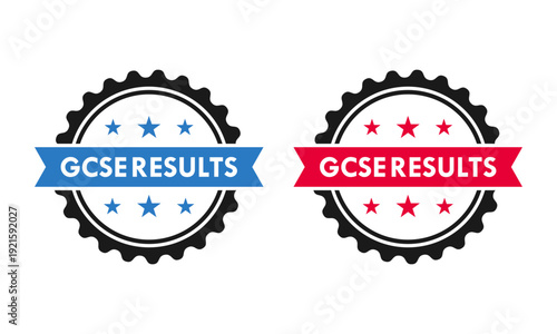 GCSE results vector logo badges. Professional circular seal with stars and ribbon banners for academic achievement, exam success, and educational certification.