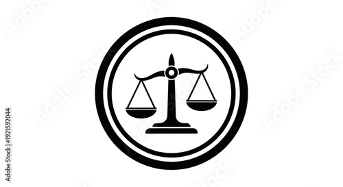 Justice Scales Icon Representing Law, Balance, and Equality within a Circle, isolated white background.