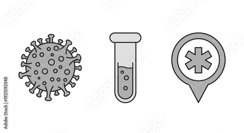 Medical Icons Set Featuring Coronavirus (COVID-19), Test Tube, and Emergency Location Pin, isolated white background.