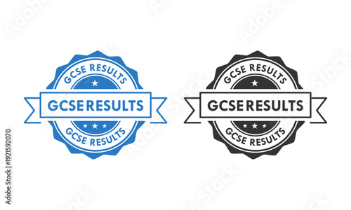 GCSE results vector logo badges. Professional circular seal with stars and ribbon banners for academic achievement, exam success, and educational certification.