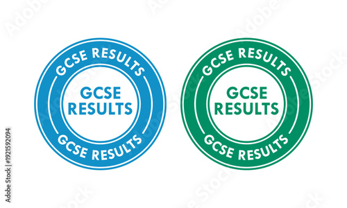 GCSE results vector logo badges. Professional circular seal with stars and ribbon banners for academic achievement, exam success, and educational certification.