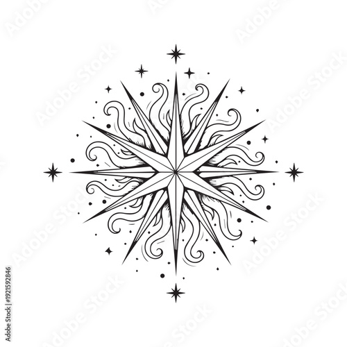 Vintage retro starburst sparkle symbol with atomic orbital rings line art tattoo design
