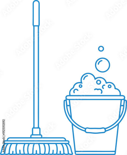 cleaning service vector illustration with mop and bucket of soapy water for housekeeping logo