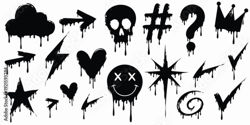 Urban graffiti spray paint element set. Street art icons with drips, splatters, and grunge texture. Set of arrow, cloud, skull, crown, star, lightning and heart. Graffiti icons with spray paint effect