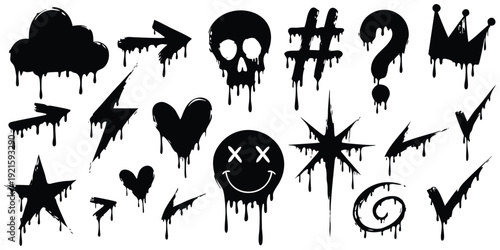 graffiti, spray, paint, street, art, urban, element, set, icon, grunge, texture, drip, splatter, aerosol, design, vector, skull, crown, heart, star, lightning, arrow, cloud, hiphop, culture, style, cr
