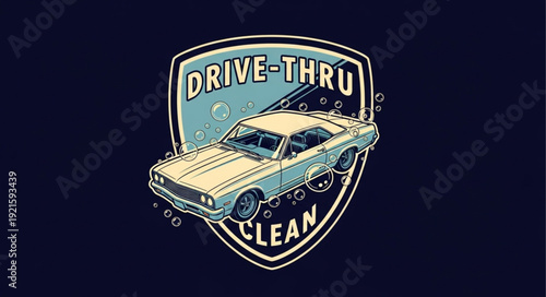 Retro car wash emblem with classic sedan illustration.