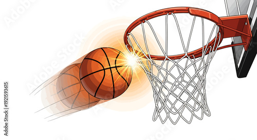 Basketball soaring into a hoop with motion blur, representing a slam dunk or a successful shot