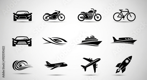 Set of black transport vehicle icon silhouettes.