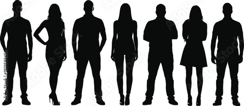 Vector Silhouettes of Business People. Group of Standing Men and Women in Professional Attire