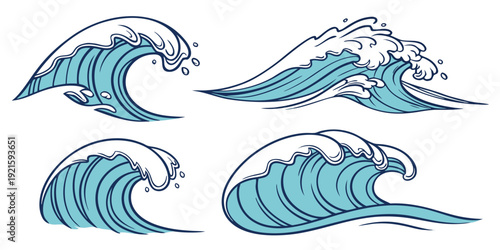 A dynamic, stylized illustration featuring four distinct, cresting ocean waves arranged in a 2x2 grid against a clean white background.