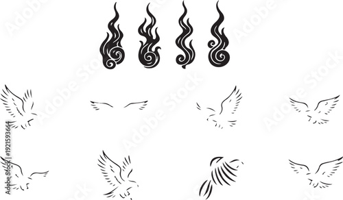 Japanese Style Black Flame Illustration Set