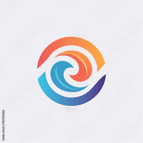 Abstract circular wave logo with a gradient of blue, orange, and yellow colors