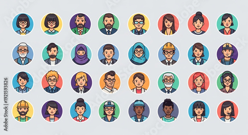 Diverse illustrated avatar portraits set in circular icons.
