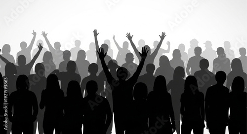 Silhouette crowd cheering with raised hands.