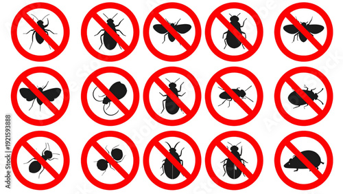 No Insects and Pests Signs Collection – Flat Crossed Bug Warning Vector Set