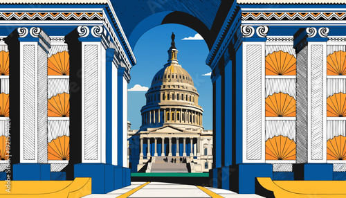 Washington dc skyline with artistically depicted us capitol. Suitable for patriotic designs, political themes, travel brochures, and historical illustrations.