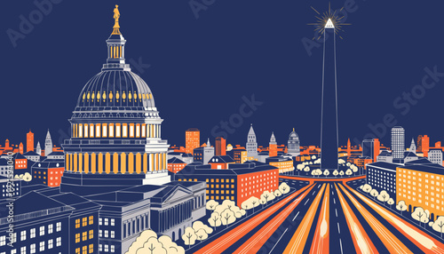 Washington dc skyline with capitol building and washington monument, suitable for travel blogs, city guides, political articles, patriotic themes.