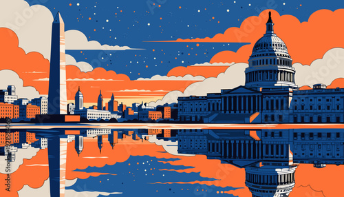 Washington dc skyline reflects the capital building, a stunning architectural view in the district. Suitable for travel, architecture, and cityscape.