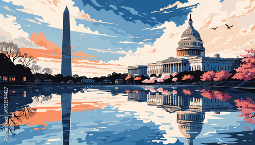 Washington dc skyline reflected in water with a vibrant artistic rendition of the capital, ideal for travel websites, posters, and brochures.