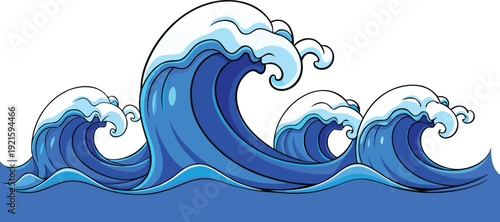 A dynamic, stylized illustration of rolling ocean waves against a stark white background, rendered in a clean, flat vector art style with bold outlines