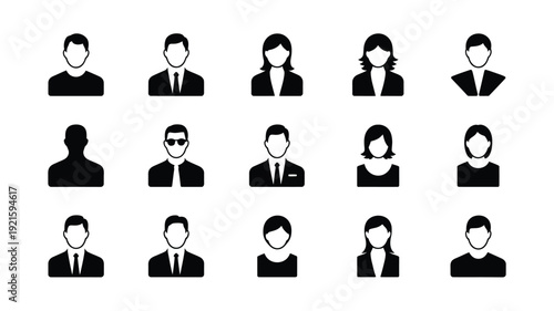 user avatar icon set. 15 generic profile silhouettes for business, social media, and UI design