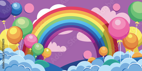 Vibrant spring landscape with a rainbow and clouds under a sunny blue sky in a colorful vector illustration featuring summer nature elements and bright rays of light