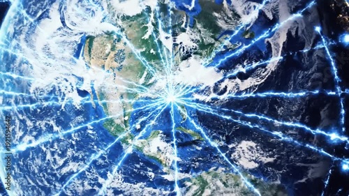 Planet Earth with glowing blue energy network in dark space