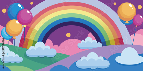 Vibrant spring landscape with a rainbow and clouds under a sunny blue sky in a colorful vector illustration featuring summer nature elements and bright rays of light